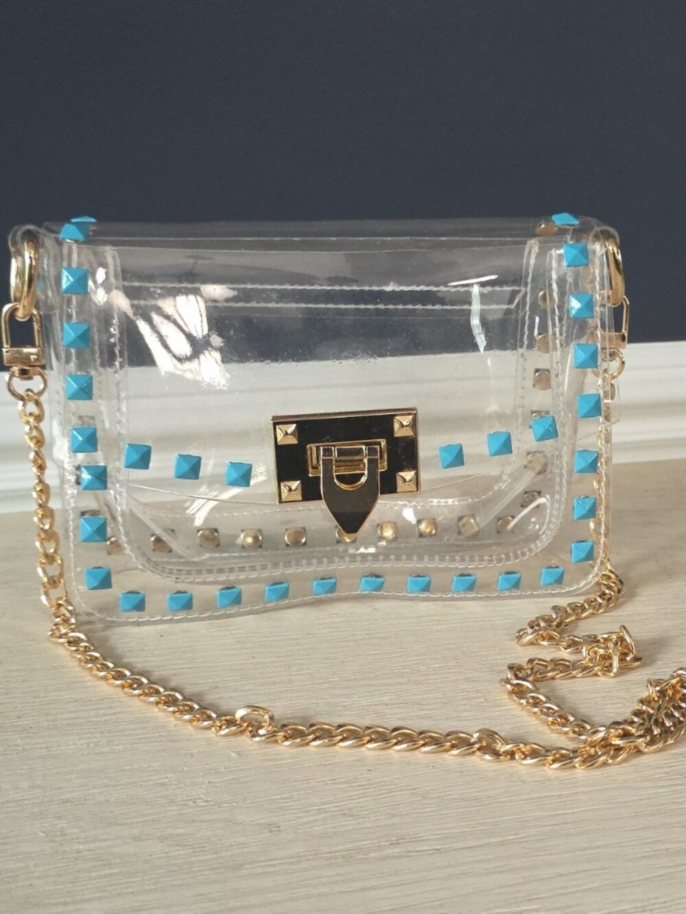 Clearly Crossbody Bag with Turquoise Studs and Gold Chain